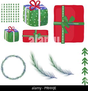Der Weihnachtsmänner bereit für Weihnachten Weihnachten Baum. Text. Vector Illustration. Geschenkbox Clip Art. Stock Vektor