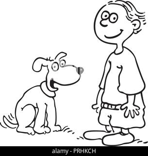 Junge mit Hund. umrissen Cartoon mit Handgezeichnetem Skizze illustration Vektor. Stock Vektor