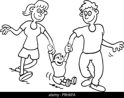 Happy Family Cartoon. umrissen Cartoon mit Handgezeichnetem Skizze illustration Vektor. Stock Vektor