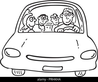 Happy Family auf dem Auto. umrissen Cartoon mit Handgezeichnetem Skizze illustration Vektor. Stock Vektor