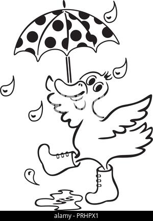 Ente mit einem Regenschirm. Hand gezeichnet. Schwarz und Weiß. Kinder, Erwachsene. Farbe Vector Illustration. Malbuch. Stock Vektor