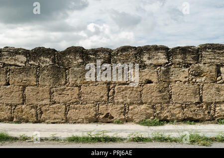 Wand aus großen gebrochene Steine staubigen und rostig, Wand auf dem Bürgersteig, der an der Unterseite hat grüne Blätter an einem bewölkten Tag. Stockfoto