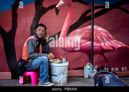 Wandkunst Vogel. Lustige Thailand Street-Szene mit Mann auf dem Bürgersteig vor einer Flamingo Wildlife Wand Kunst Kulisse essen Stockfoto