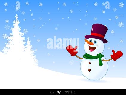 Ein Schneemann in einen Hut begrüßt auf einem Winter Hintergrund. Schneemann auf einem Hintergrund von Tannen und Schneeflocken. Stock Vektor