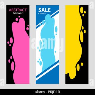 Einstellen der vertikalen Helle abstrakte Banner. Eine Pfütze von Wasser mit Tropfen auf den Seiten. Gelbe und Rote Farbe und Spray um auf schwarzem Hintergrund gegossen. Vector Illustration. Stock Vektor