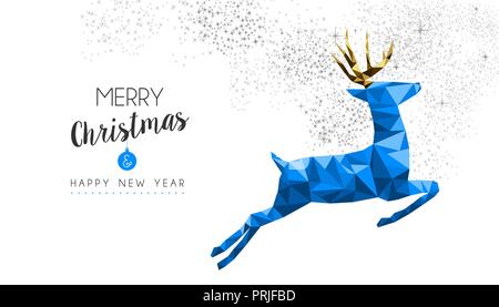 Frohe Weihnachten Frohes neues Jahr elegante Label Design Abbildung in blau Low-poly-Stil mit Rentier und Glitzer Dekoration. Ideal für Holiday greeti Stock Vektor