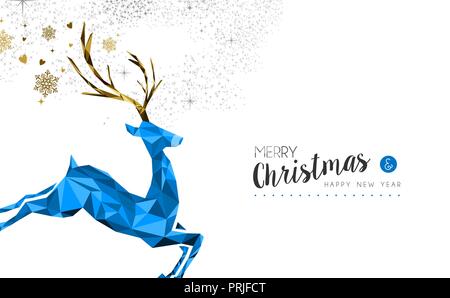Frohe Weihnachten Frohes neues Jahr elegante Label Design Abbildung in blau Low-poly-Stil mit Rentier und Glitzer Schnee Dekoration. Ideal für Urlaub g Stock Vektor