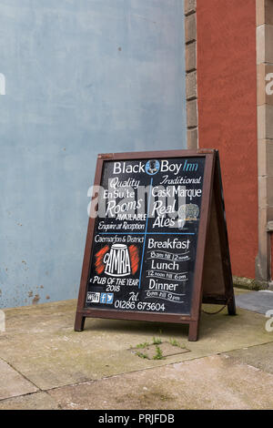 Black Boy Inn Zeichen, Caernarfon, Gwynedd, Wales Stockfoto