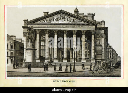 Der Royal Exchange, 1883 Edelstahl Gravur der Gebäude, das im Jahr 1844 eröffnet, das Lloyds Versicherungsmarkt und andere Händler in der Mitte der Stadt gegenüber der Bank von England mit einer Statue des Herzogs von Wellington vor untergebracht Stockfoto