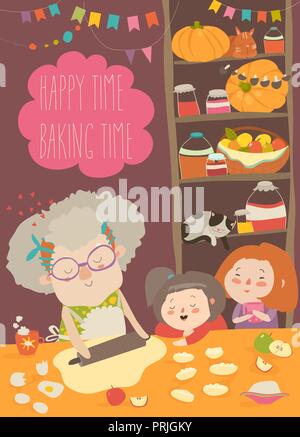 Großmutter und Kinder backen zusammen bei einer Küche Stock Vektor
