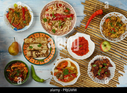 Asien schezwan Küche, Chinesische Küche, Traditionelle verschiedene Gerichte, Ansicht von oben. Stockfoto