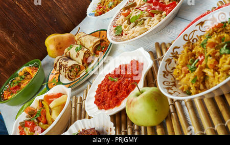 Asien schezwan Küche, Chinesische Küche, Traditionelle verschiedene Gerichte, Ansicht von oben. Stockfoto