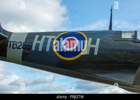 Royal Air Force Museum, Hendon, London, GB. Britische einsitzige Jagdflugzeug, Spitfire, wichtig für die Schlacht um England während des Zweiten Weltkriegs. Stockfoto