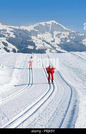 Langläufer am Penningberg mit Ausblick auf die Hohe Salve, Hopfgarten, Kitzbüheler Alpen, Tirol, Österreich Stockfoto