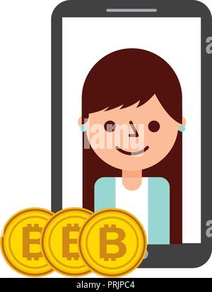 Smartphone Frau bitcoins cryptocurrency Fintech Stock Vektor