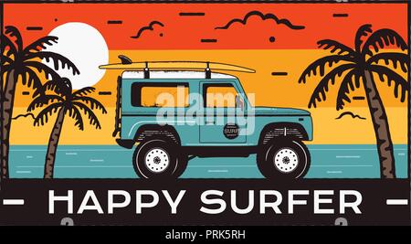 Surfen Logo Emblem. Jahrgang Hand gezeichnet Reisen Abzeichen, Poster. Klicken Sie sich mit dem Auto auf den Strand und das Meer Landschaft. Happy Surfer Zitat. Vektor Sommer Strand insignia Stock Vektor