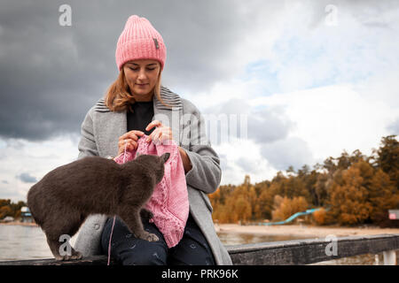 In der Nähe von Frau Hände stricken rosa Wolle hat mit Nadel, nächsten ist eine schöne graue Katze vor dem Hintergrund des Meeres im sonnigen Herbsttag Stockfoto