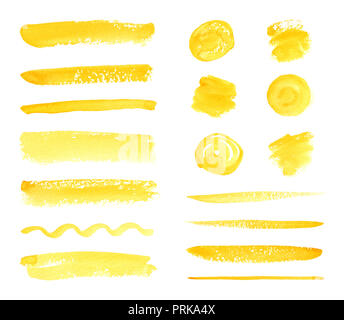 Set gelb Aquarell gemalt spritzt und Anschläge. Auf weissem Hintergrund Stockfoto