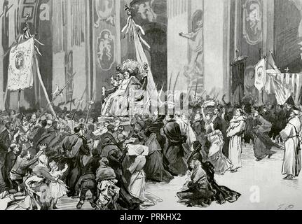 Pio IX (1792-1878). Papa de la Iglesia católica y soberano último de Los Estados Pontificios. Su santidad Pio IX conducido en La Silla gestatoria Después de la audiencia General ein Los peregrinos. Dibujo por Pradilla. Grabado. La Ilustración Española y Americana, 8 de Abril de 1876. Biblioteca Histórico Militar de Barcelona. Catalunya, España. Stockfoto