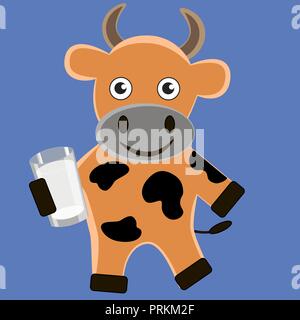 Gute cartoon Kuh mit einem Glas Milch isolierten blauen Hintergrund. Stock Vektor