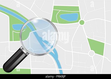 Stadtplan und transparente Lupe Stock Vektor