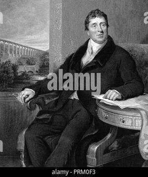 THOMAS TELFORD (1757-1834) Schottischer Bauingenieur, Architekt und Baumeister. Im Hintergrund ist seine Pontcysyllte Aquädukt auf dem Llangollen-kanal im Jahre 1805 abgeschlossen. Stockfoto