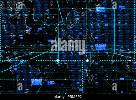 Abstrakte mash Linie und Punkt Skalen auf dunklem Hintergrund mit Karte Welt. Wire Frame network Line, design Kugel, Dot und Struktur. Stockfoto