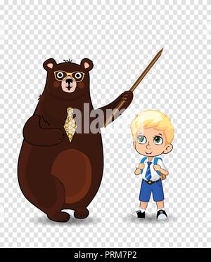 Gerne Lehrer Tag, zurück in die Schule Vector Illustration von Cartoon bear Lehrer halten Zeiger und Schule Junge mit Blätter Blumenstrauß sitzen auf Bücher pil Stock Vektor