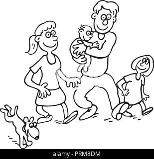 Happy Family Cartoon. umrissen Cartoon mit Handgezeichnetem Skizze illustration Vektor. Stock Vektor