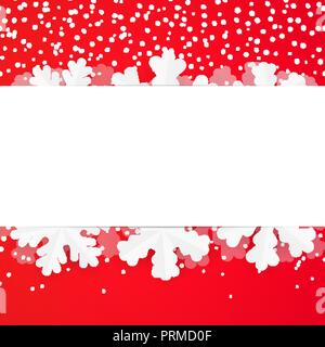 Rot festliche winter Grußkarte Design Template mit Papier Schneeflocken. Weihnachten und neues Jahr Hintergrund mit Copyspace und Schneefall Stock Vektor