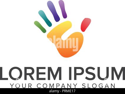 Hand Logo Design. Childs hand Logo. Bunte Logo. Rainbow Schriftzug. Grunge Stil. Kreative logo Stock Vektor
