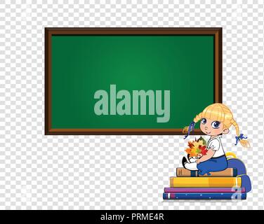 Cute cartoon Schule Mädchen sitzen auf Bücher Haufen mit Blumenstrauß der Blätter im Herbst in der Nähe von deutlichen Tafel mit Kopie Speicherplatz auf transparent. Tag Lehrer, zurück Stock Vektor