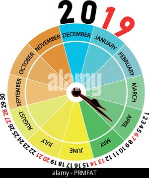 Vector 2019 Kalender: April. Ursprünglichen Kalender mit der Form einer Uhr, dass der Monat zeigt und die Jahreszeit des Jahres durch Farbe. Stock Vektor