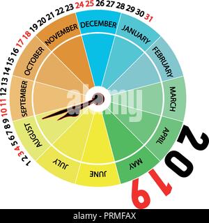 Vector 2019 Kalender: August. Ursprünglichen Kalender mit der Form einer Uhr, dass der Monat zeigt und die Jahreszeit des Jahres durch Farbe. Stock Vektor