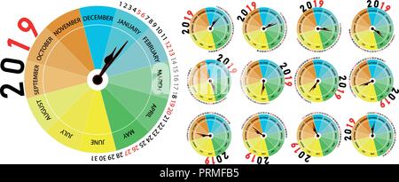 Vector 2019 Kalender mit allen Monaten. Ursprünglichen Kalender mit der Form einer Uhr, dass der Monat zeigt und die Jahreszeit des Jahres durch Farbe. Stock Vektor