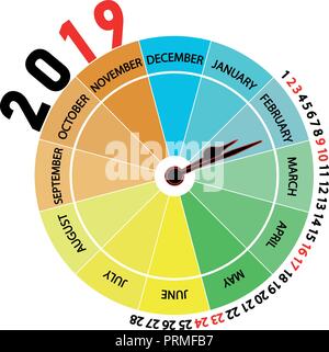 Vector 2019 Kalender: Februar. Ursprünglichen Kalender mit der Form einer Uhr, dass der Monat zeigt und die Jahreszeit des Jahres durch Farbe. Stock Vektor