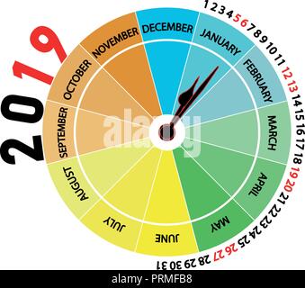 Vector 2019 Kalender: Januar. Ursprünglichen Kalender mit der Form einer Uhr, dass der Monat zeigt und die Jahreszeit des Jahres durch Farbe. Stock Vektor