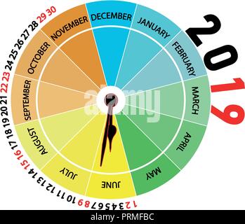 Vector 2019 Kalender: Juni. Ursprünglichen Kalender mit der Form einer Uhr, dass der Monat zeigt und die Jahreszeit des Jahres durch Farbe. Stock Vektor