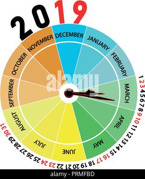 Vector 2019 Kalender: März. Ursprünglichen Kalender mit der Form einer Uhr, dass der Monat zeigt und die Jahreszeit des Jahres durch Farbe. Stock Vektor