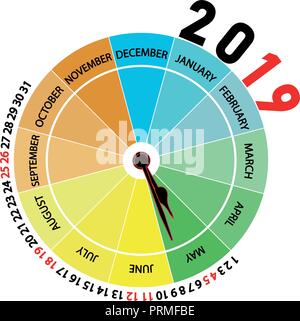 Vector 2019 Kalender: Mai. Ursprünglichen Kalender mit der Form einer Uhr, dass der Monat zeigt und die Jahreszeit des Jahres durch Farbe. Stock Vektor