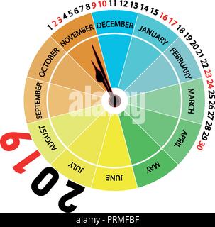 Vector 2019 Kalender: November. Ursprünglichen Kalender mit der Form einer Uhr, dass der Monat zeigt und die Jahreszeit des Jahres durch Farbe. Stock Vektor