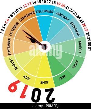 Vector 2019 Kalender: Oktober. Ursprünglichen Kalender mit der Form einer Uhr, dass der Monat zeigt und die Jahreszeit des Jahres durch Farbe. Stock Vektor