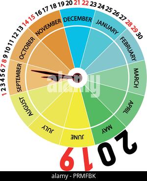 Vector 2019 Kalender: September. Ursprünglichen Kalender mit der Form einer Uhr, dass der Monat zeigt und die Jahreszeit des Jahres durch Farbe. Stock Vektor