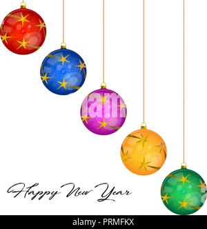 Buntes Glas Weihnachtskugeln. Vektor Grußkartenvorlage. Frohe Weihnachten und guten Rutsch ins neue Jahr. Ressourcen für die Erstellung von Postkarten, Kalender oder Poster, Präsentationen oder Banner. Stock Vektor
