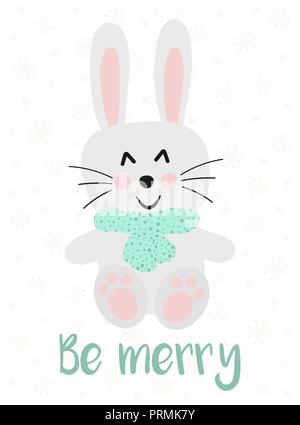 Vector Illustration für Silvester und Weihnachten. Hand gezeichnete Bild einer Cartoon cute Bunny in einem Schal auf dem Hintergrund der Schneeflocken mit einer Inschrift Stock Vektor