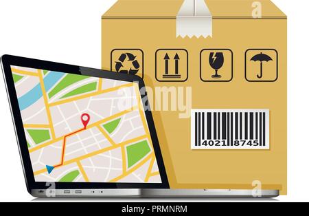 Liefer- Paket bestellen Design. Laptop mit GPS-Karte auf dem Bildschirm und Versand Karton. Stock Vektor