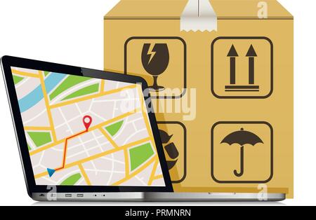 Liefer- Paket bestellen Design. Laptop mit GPS-Karte auf dem Bildschirm und Karton mit Verpackung Symbole. Stock Vektor