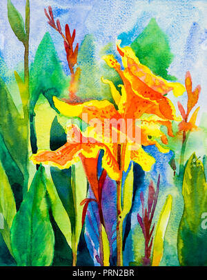 Aquarell landschaft gemälde original bunte Canna Lily Blumen und Grünes Blatt im blauen Himmel Hintergrund. Hand gemalte Illustration, die Schönheit der Natur Stockfoto