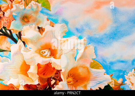 Aquarell landschaft gemälde Original realistisch, bunte Herald Trompete Blumen in blauer Himmel. Von Hand bemalt mit Schönheit Natur Winter s Stockfoto