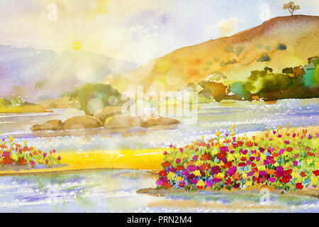 Aquarell landschaft gemälde bunte Blumen sun River und Bergwald mit Sky cloud Hintergrund, in der Schönheit der Natur tropischer Sommer Stockfoto